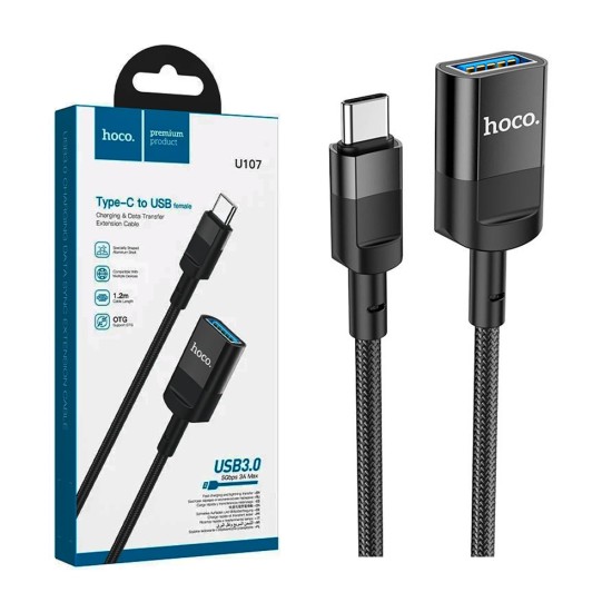 Cabo de Extensão de Carregamento Hoco U107 Tipo C Macho para USB3.0 Fêmea 3A 1,2m Preto Cabo de Extensão de Carregamento Hoco U107 Tipo C Macho para USB3.0 Fêmea 3A 1,2m Preto